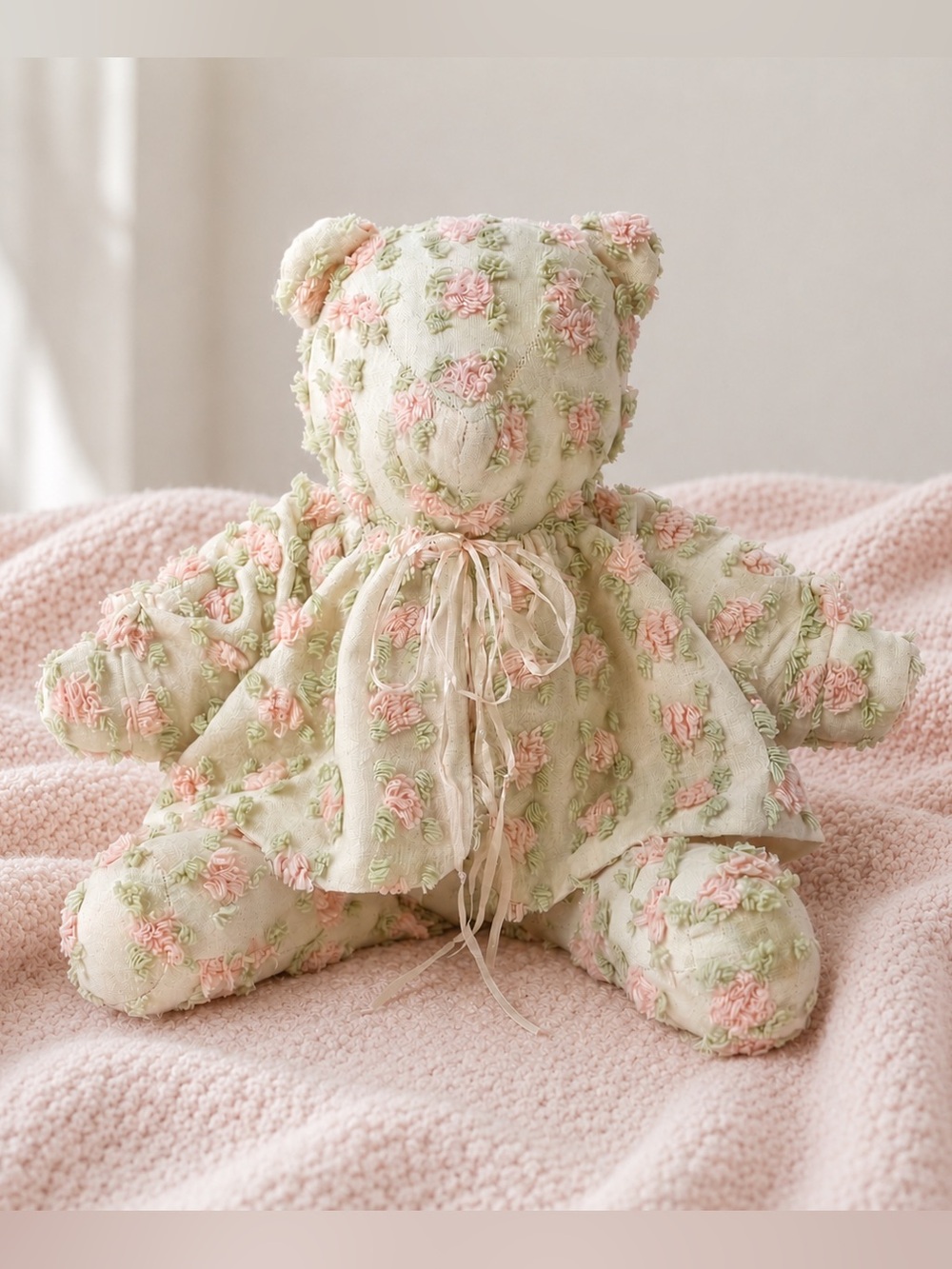 Vintage Chenille Chenilli Teddy Bear Handmade USA Baby Rosebud Pastel Pink Green